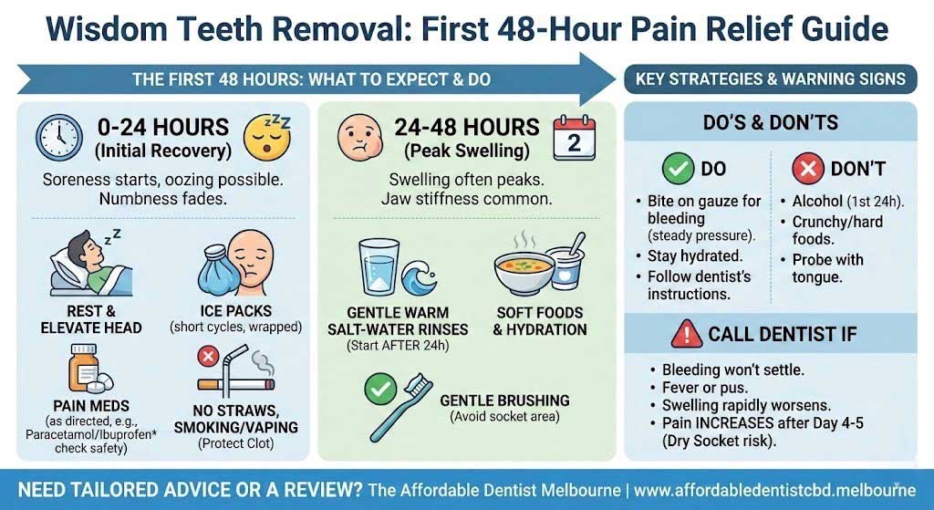 Wisdom teeth removal pain relief guide showing first 48-hour recovery tips, do’s and don’ts, swelling stages, and warning signs