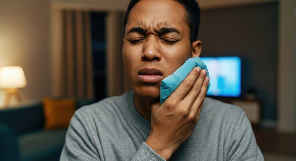 Young man managing wisdom teeth removal pain with ice pack at home
