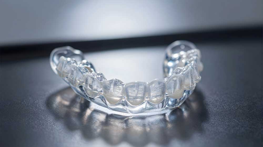 Young smiling woman holding Invisalign braces for modern orthodontic care