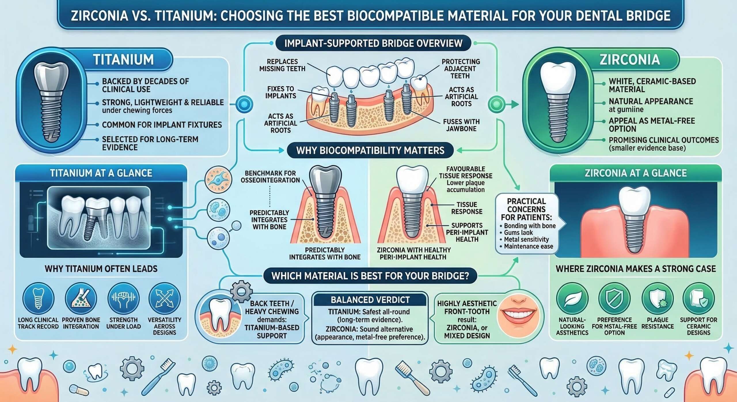 Choosing between zirconia and titanium for best biocompatible dental implant material
