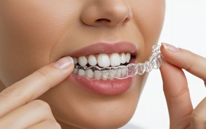 Discover Invisible Braces as a smiling person positions a clear aligner over straight teeth on a white background.