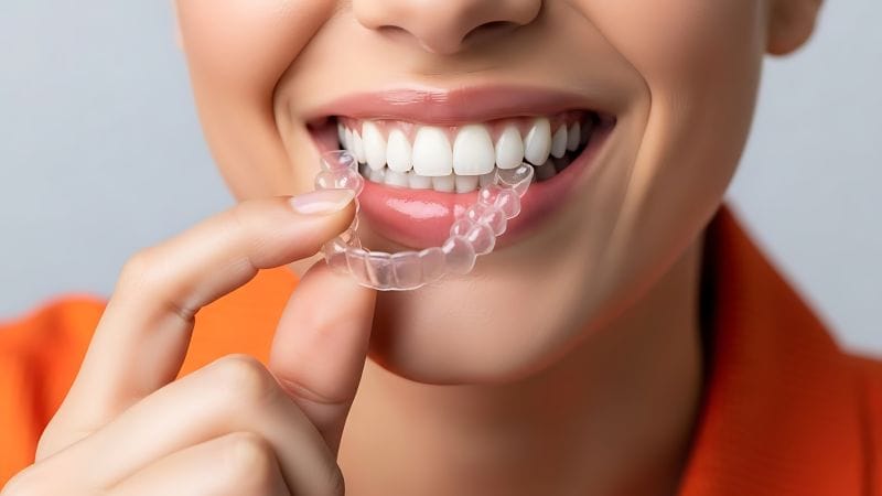 Explore clear aligners from Affordable Dentist Melbourne with a smiling person holding a transparent tray.