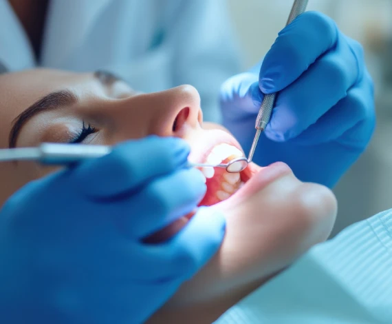 A woman is getting her teeth checked by a dentist