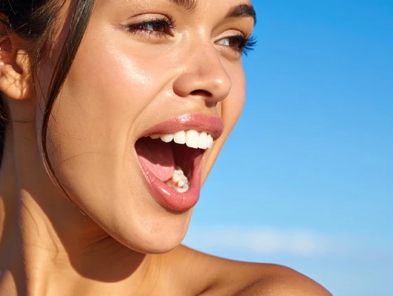 Young woman smiling with open mouth showing white teeth