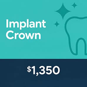 Implant crown cost Melbourne graphic showing a dental implant crown price of $1,350 at Affordable Dentist Melbourne