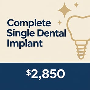Complete single dental implant cost Melbourne graphic showing a price of $2,850 at Affordable Dentist Melbourne